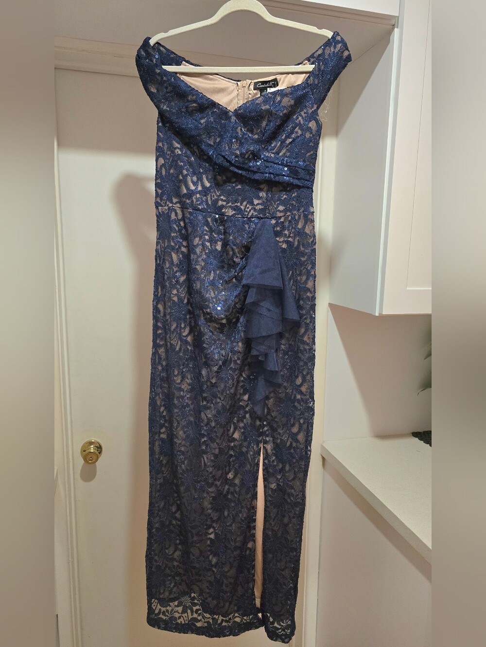 Navy Lace Over Nude, Sequined Off The Shoulder Evening Gown